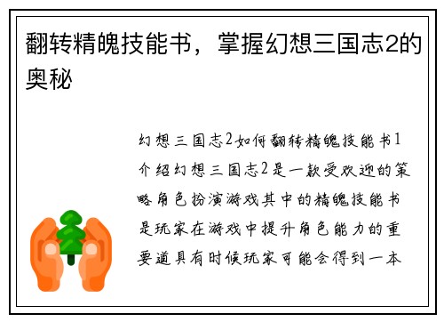 翻转精魄技能书，掌握幻想三国志2的奥秘